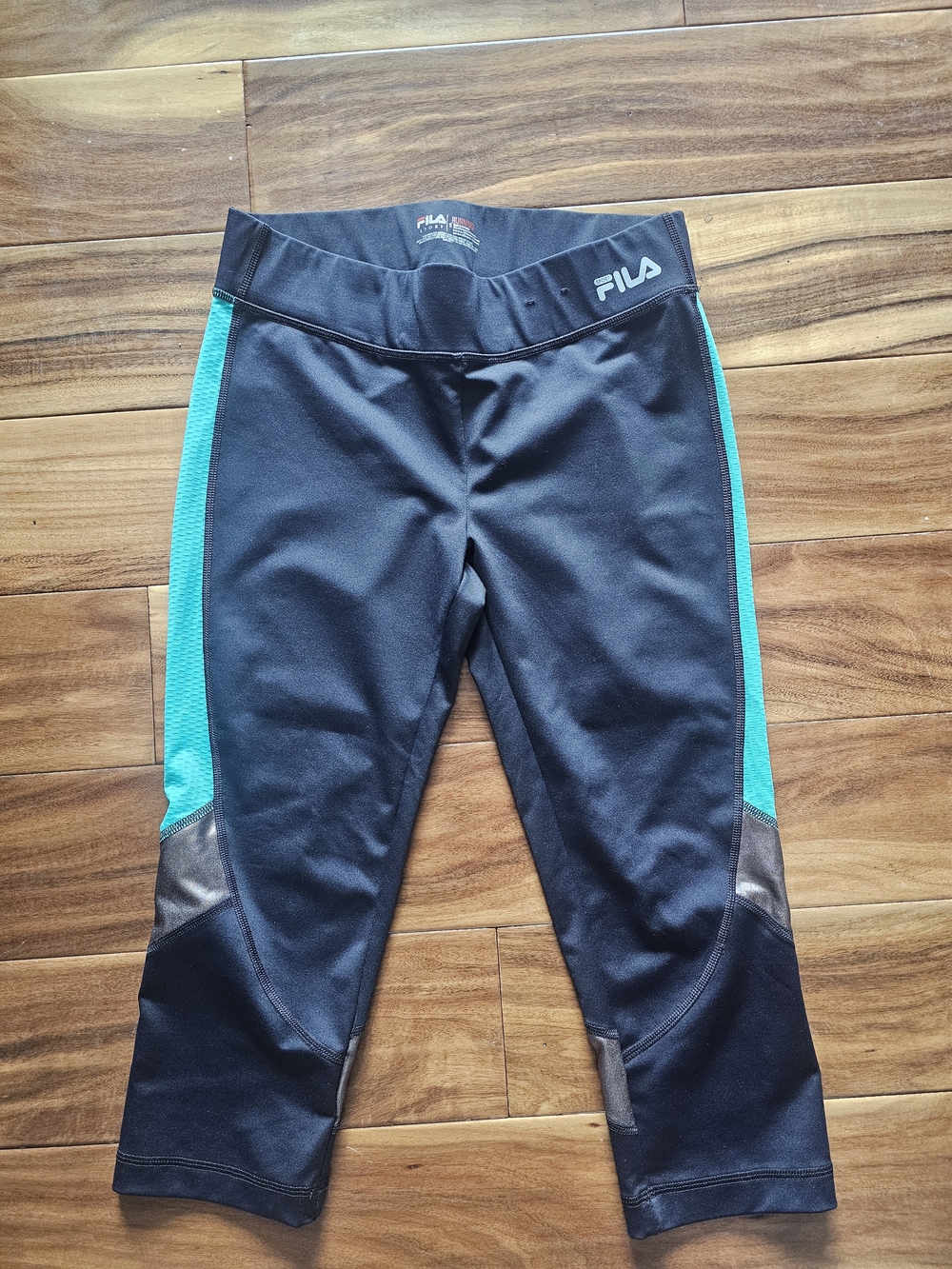 Fila Sport Black Capri Leggings with Teal Side Panels